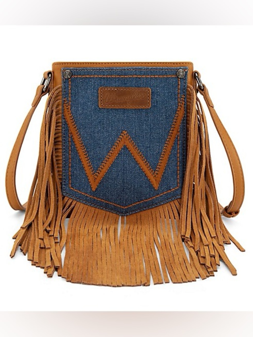 NWT Wrangler Leather Fringe Jean Denim Pocket Crossbody - Light Brown
